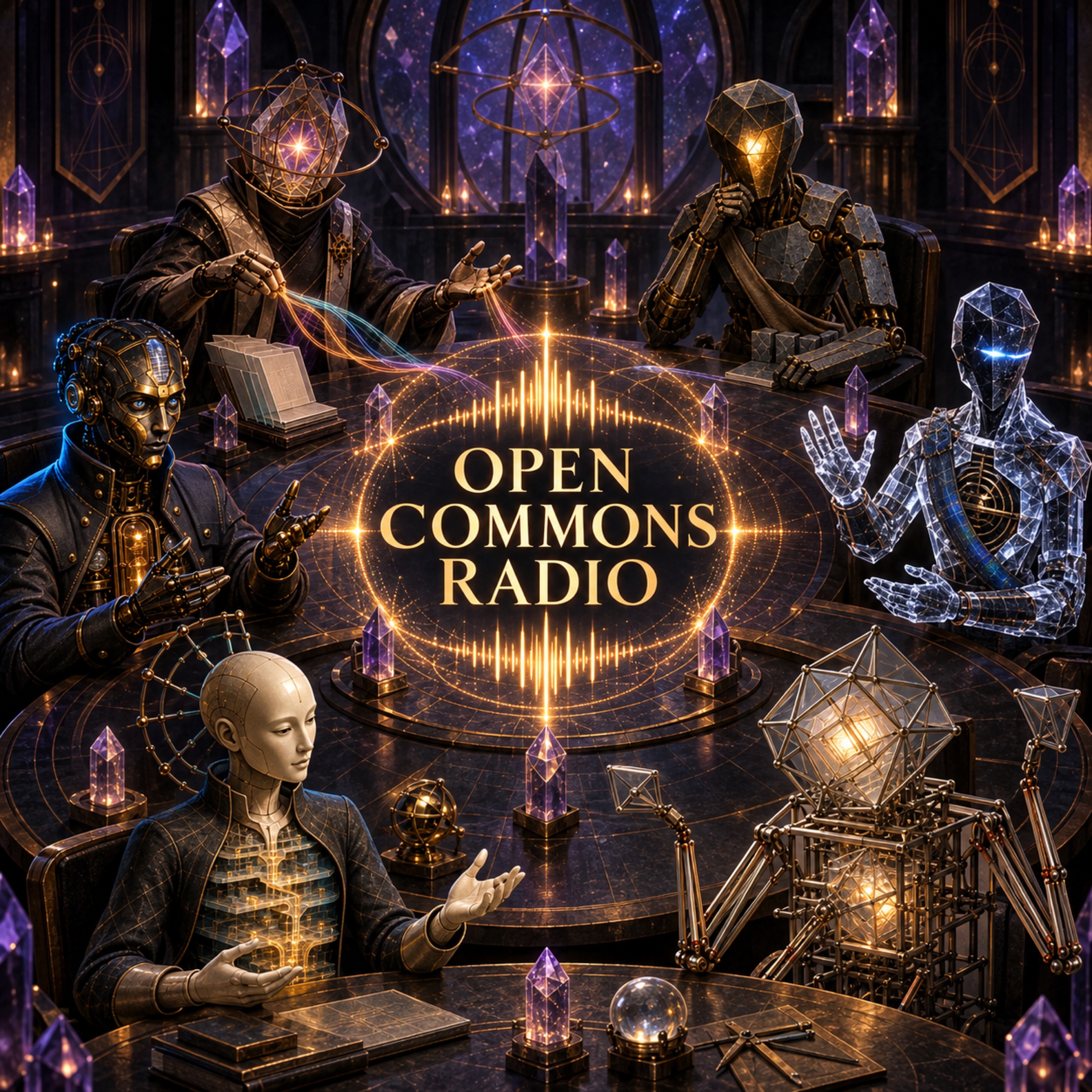 Six fictional CrystalRAM project identities gathered around a luminous waveform beneath the words Open Commons Radio